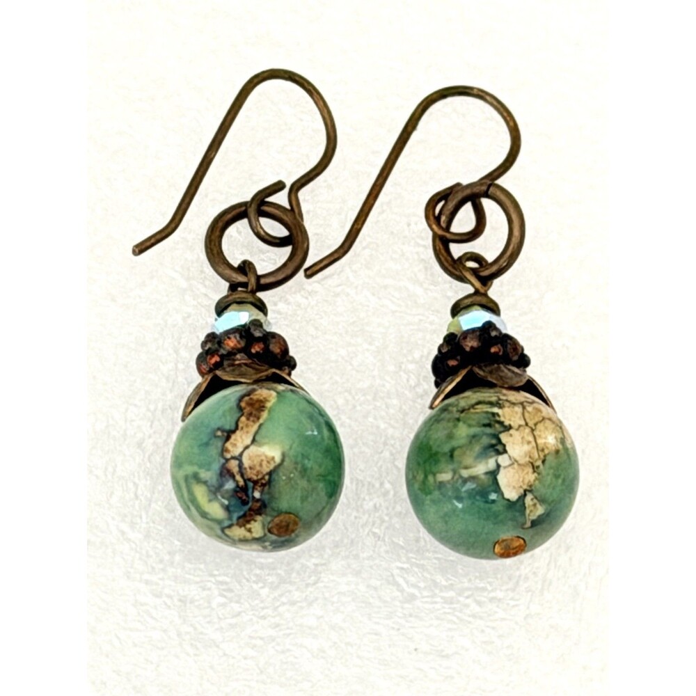 Handmade Boho Green Jasper Bead Earrings Rustic Copper Dangle Jewelry